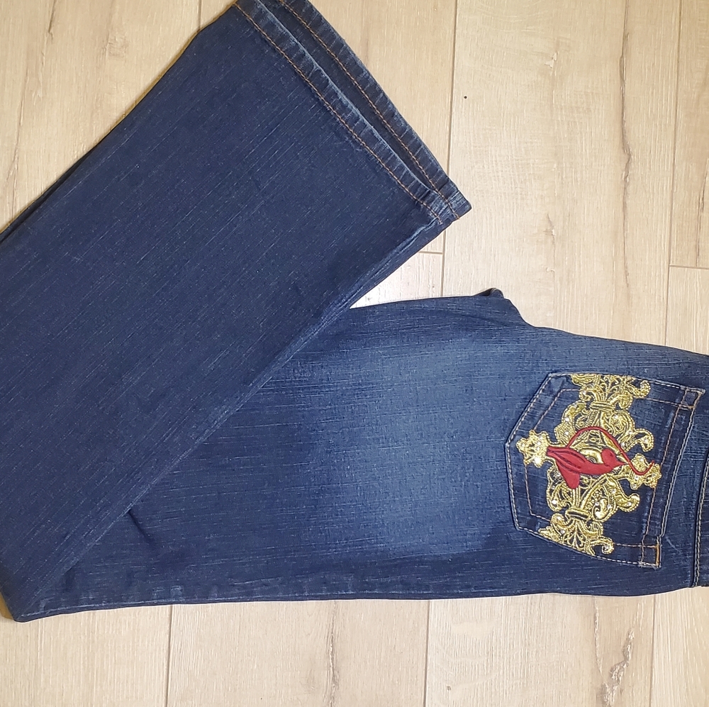 Women's Baby Phat Wide Flared Leg Denim Blue Jeans Dark Wash 5